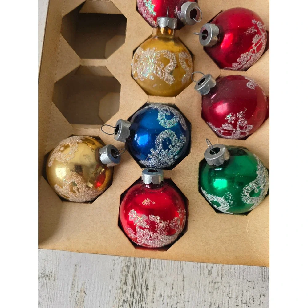 Vintage Rauch glitter stencil Mica glass ornament set box Xmas tree candy cane
